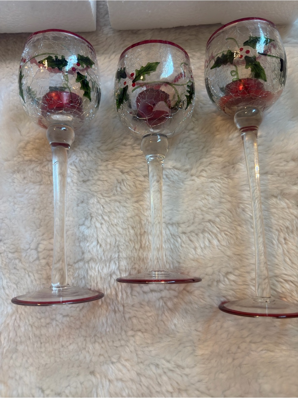 Hand-Painted Holiday Stemmed Candleholder Glasses with Holly Motif (Set of 3) - Picture 4 of 8